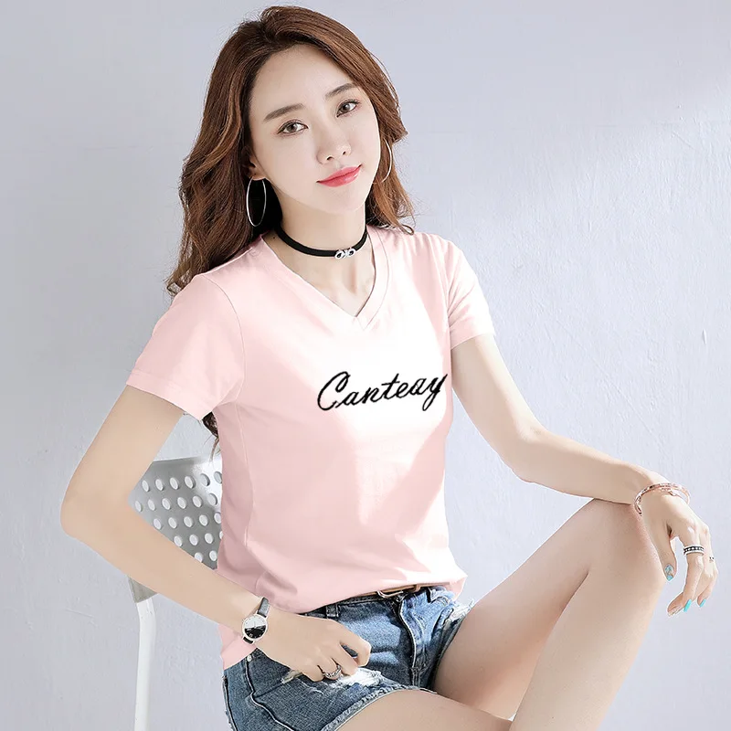 

2021 Latest Design Summer Casual Solid Color Slim V-Neck Plus Size Short Sleeve Sport Wear Designer Clothes Women Trendy T-Shirt