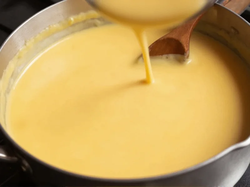 Close-up of smooth melted cheese sauce in small saucepan