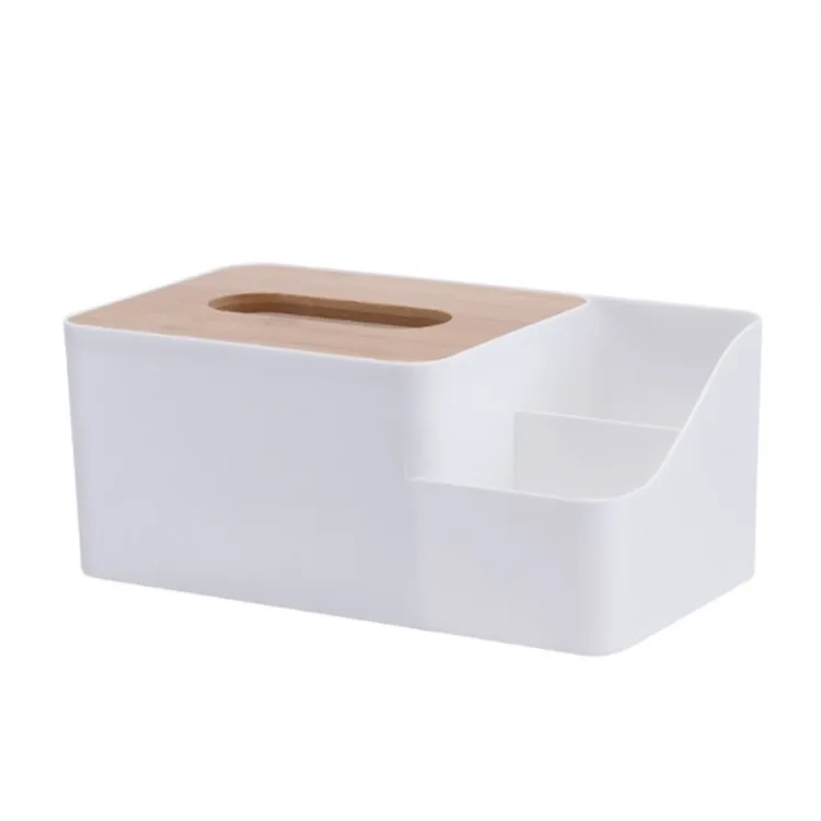 

Home Decoration Home Kitchen Napkin Case Holder Phone Slot Multi-functional Plastic Tissue Box with Bamboo Wooden Cover, White