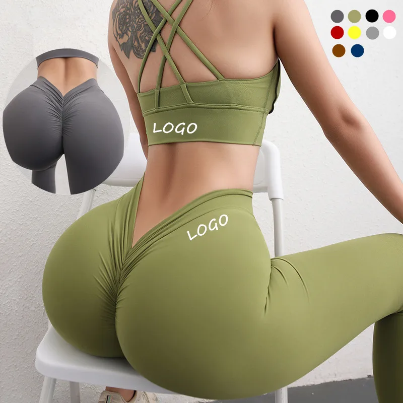 

New yoga sets 2023 original design leggings yoga fitness women deep V back scrunch butt yoga set