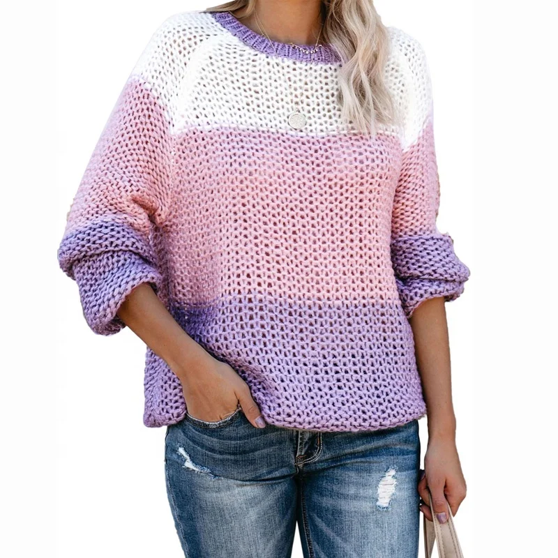 

Custom Logo Winter Purple Colorblock Pullover Loose Long Sleeve Plus Size Knit Women's Sweater