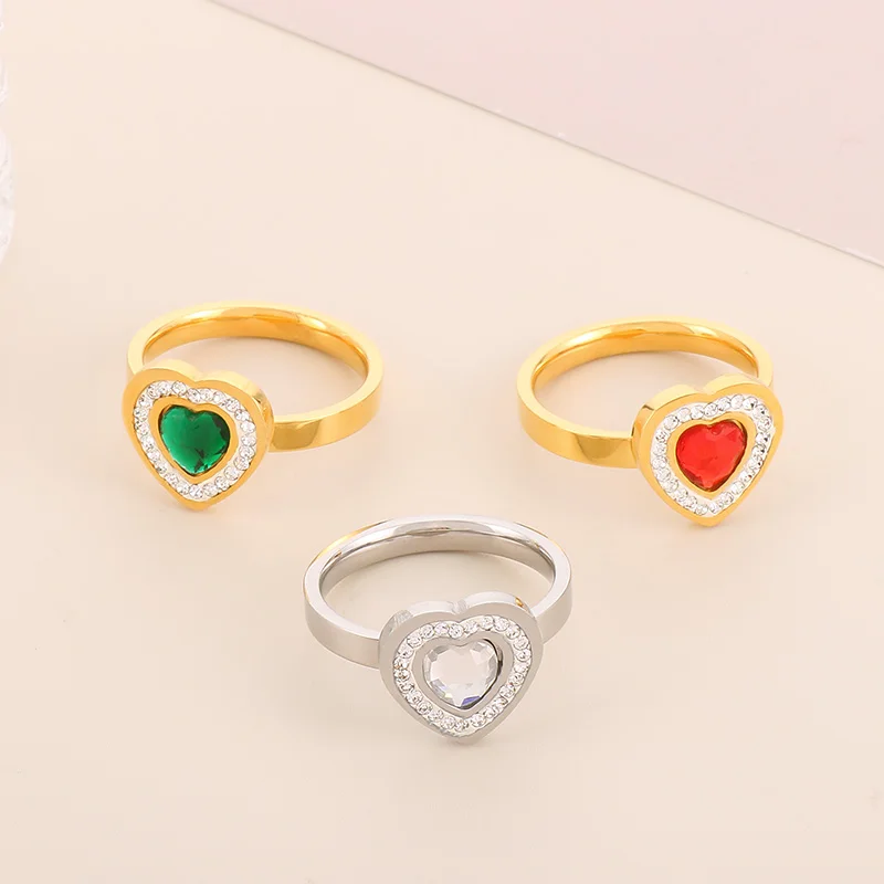 

Kalen Wholesale 18k Gold Plated Heart Glass Stainless Steel Rings Rhinestone Ring