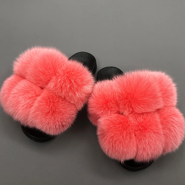 

Cheap price women's colorful fluffy big pom pom fox fur slides slippers with free shipping, Customized color