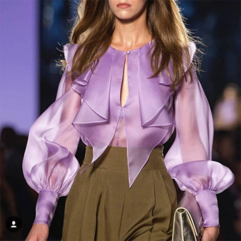 

2022 Summer Latest Chic Purple Ruffle Puff Sleeve Women Casual Blouse