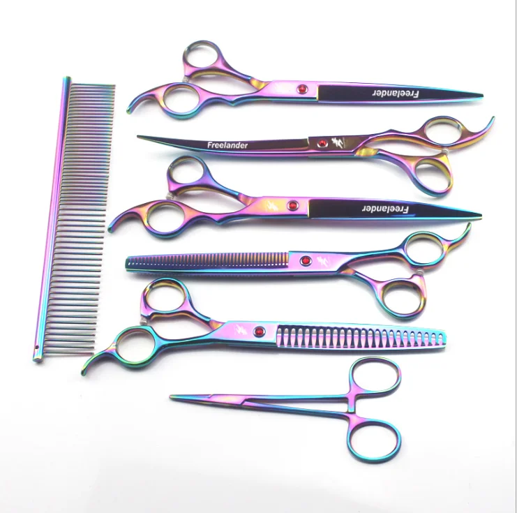 

8.0 inch rainbow freelander paint Shaped 5 Scissors Pet Grooming dense teeth scissors set