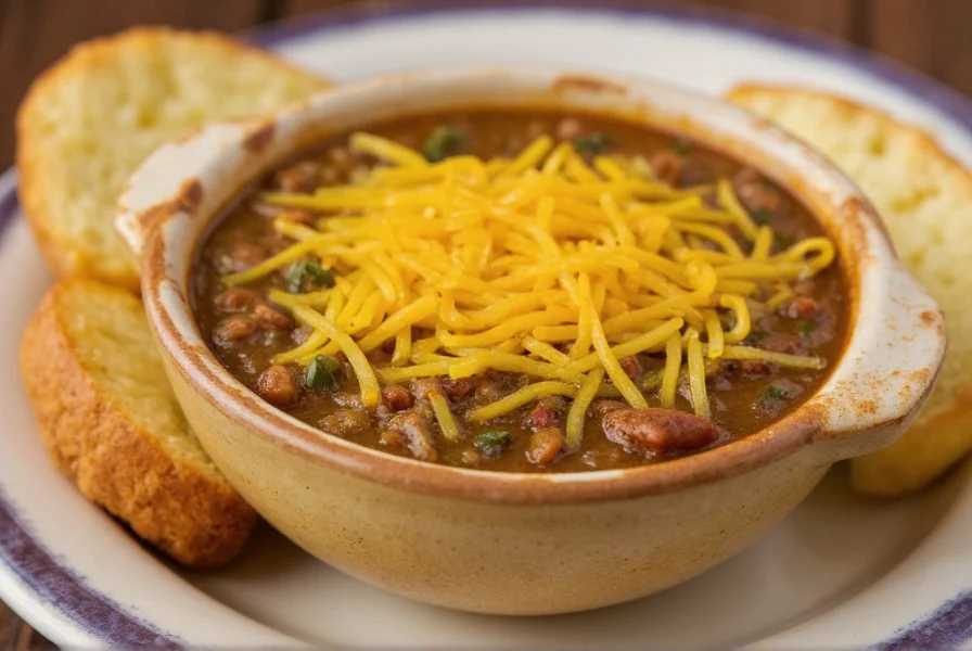 Bowl of steaming green chili with melted cheese topping served with cornbread
