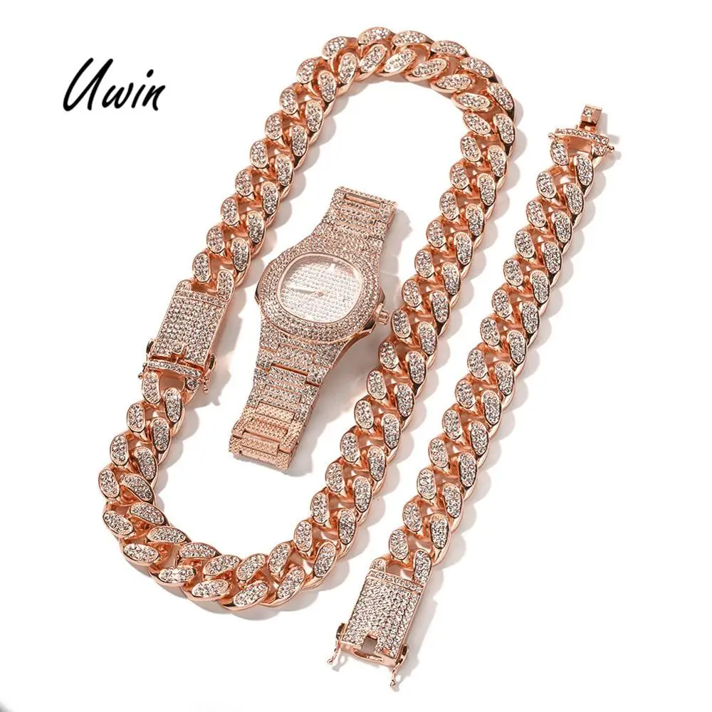 

Trendy High Quality 20mm Rose Gold Miami Cuban Link Chain Necklace and Bracelet Sets Iced Out Bling Watch Silver Jewelry Men