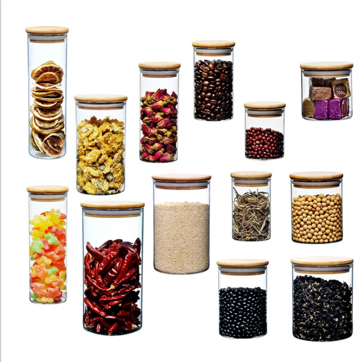 

food storage canister airtight round bamboo lid glass jar glass container with wood lid, Customized color