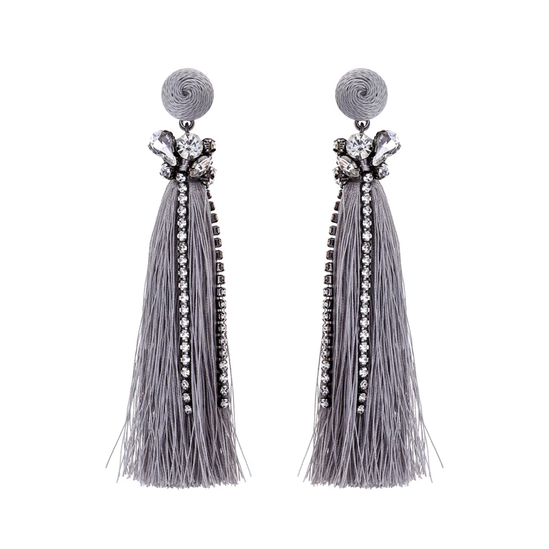 

ed01872d Crystal Rhinestone Tennis Chain Handmade Jewelry Grey Fringe Dangling Bohemian Long Tassel Earrings For Women