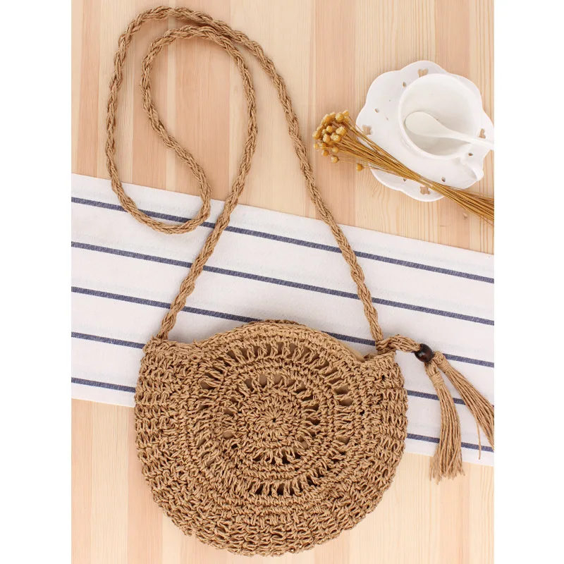 

SP765 bowknot crossbody woven bag handmade crocheted round straw woven female beach bag, Picture shown