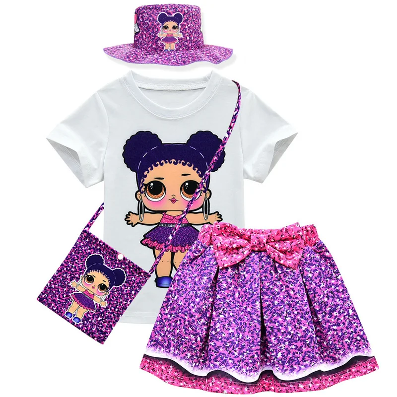 

Wholesale children outfit cartoon pattern print top skirts summer girls clothes sets 4pcs sets