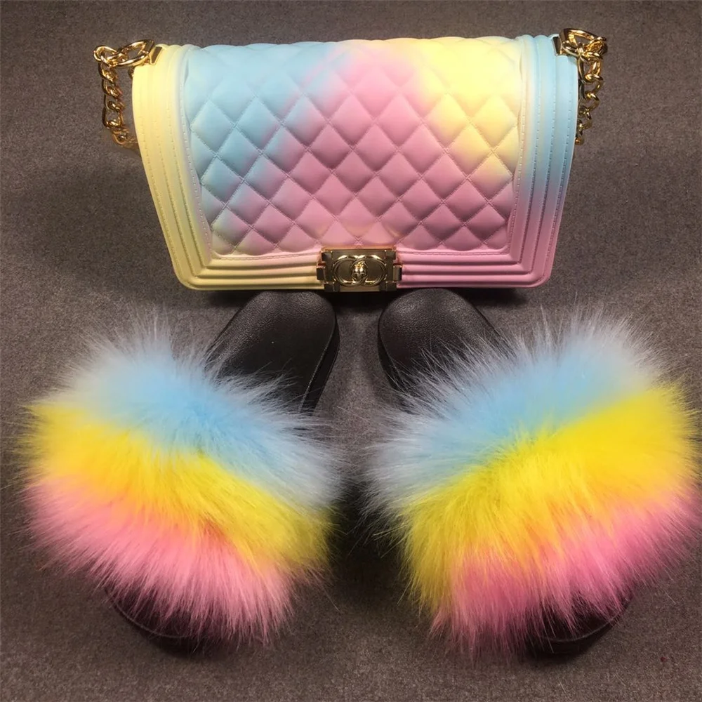 

FacTory Wholesale Full fur slide vendor jelly bag multi fancy color shoes ins hot fake fox fur slides with purse set, As picture show or customized