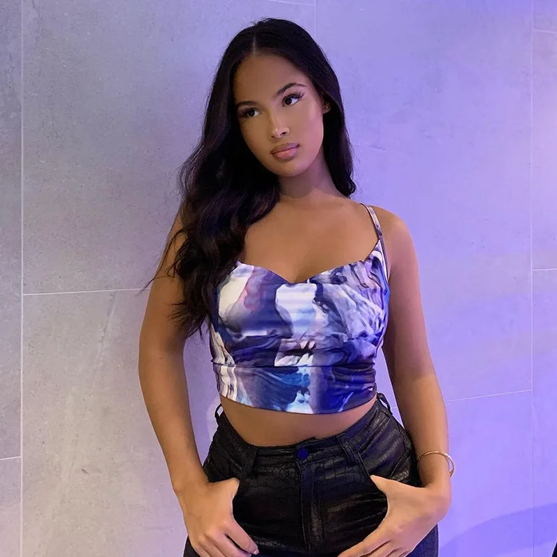 

Hot Sale Wholesale Ladies Camisole Blue Sexy Sleeveless Short Tank Tops Women Print Fashion Crop Tops Camis