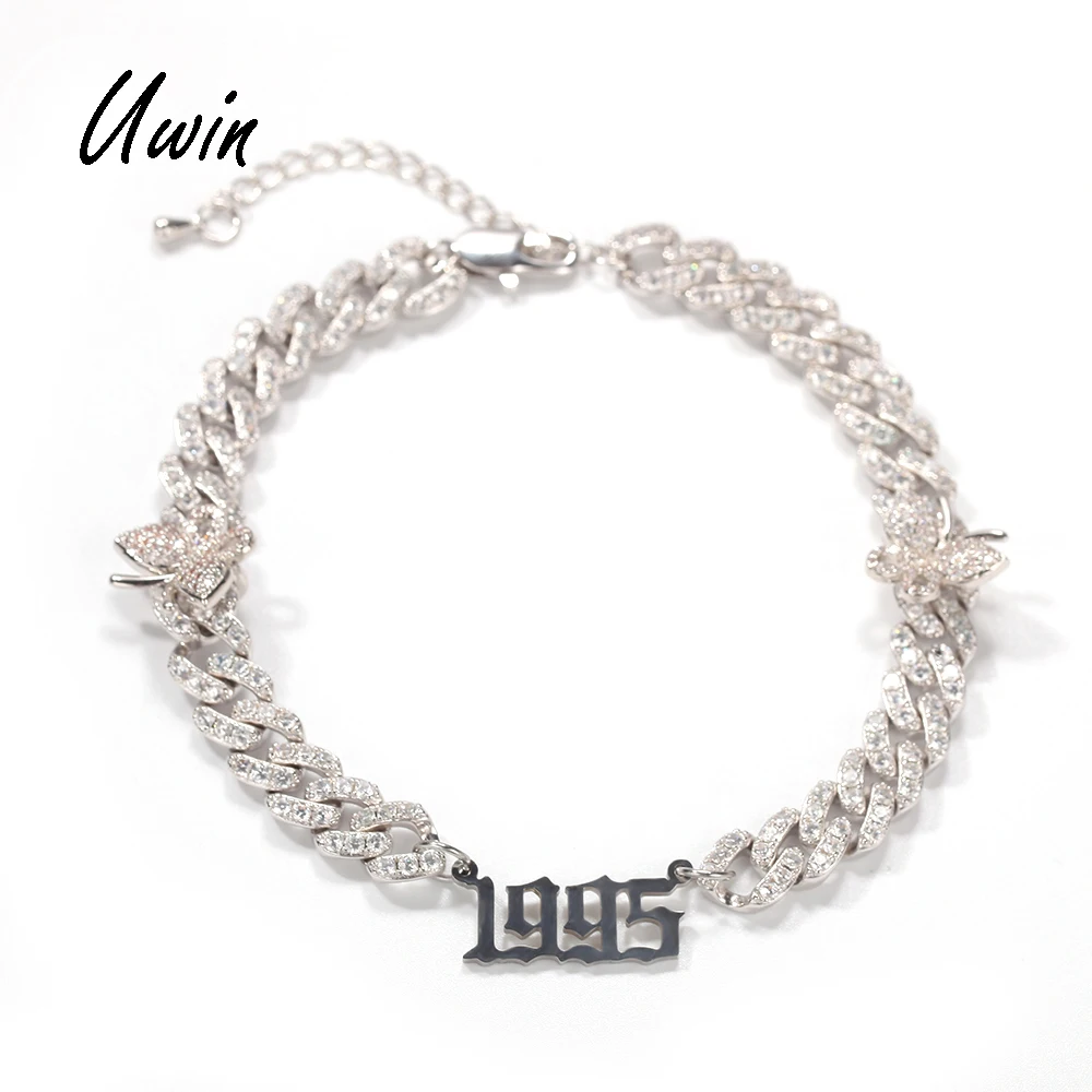 

New Custom Zodiac Birth Year Name Plate CZ Cuban Link Anklet Women Anklets Rapper Foot Jewelry