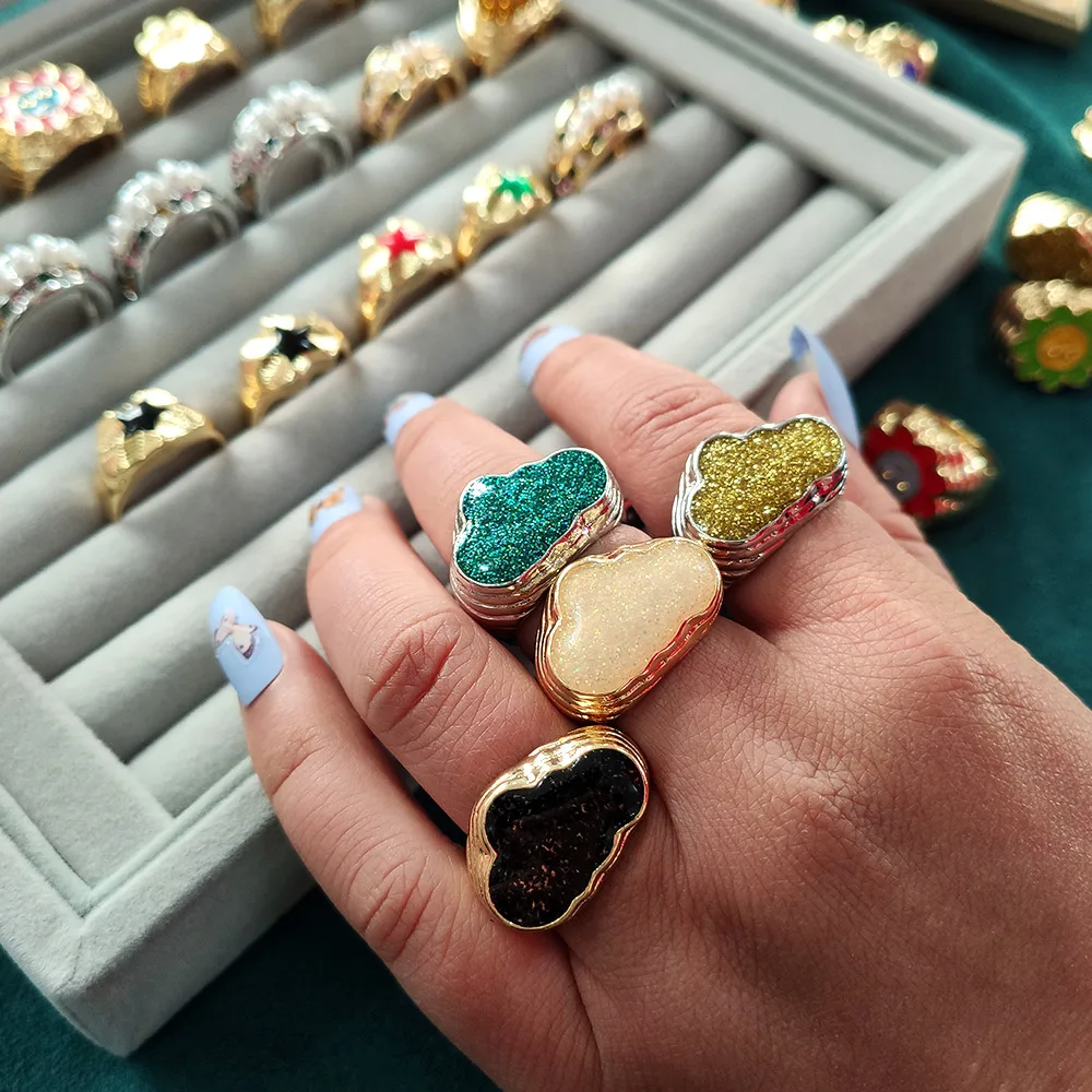 

Sweet Fashion Jewelry 2021 Women Gold Silver Chunky Gemstone Ring Rhinestone Colorful Cloud Rings For Party Gifts