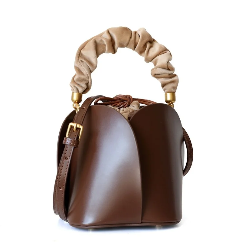 

Leather Bag New Style Flower Bucket Bag Cowhide Niche Design One-shoulder Messenger