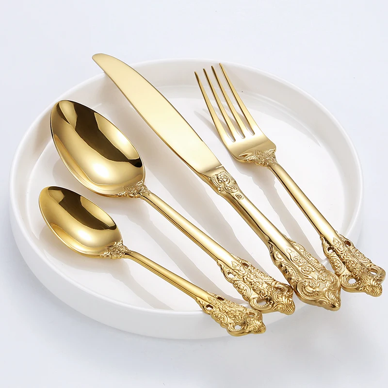 

Food grade Stainless Steel 304 (18/10) Silverware Set Gold Luxury Vintage Royal Cutlery Set In Bulk