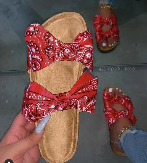 

Wholesale Summer Popular Women Slide sandal with Bow Ladies Slipper Bandanna Printed Flat Slides for Girl, As picture