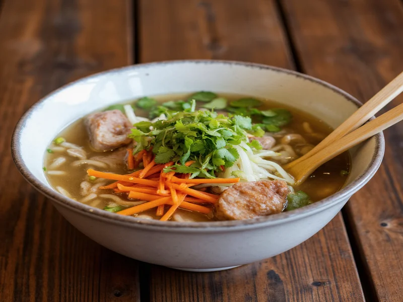 Finished homemade pho bowl with garnishes