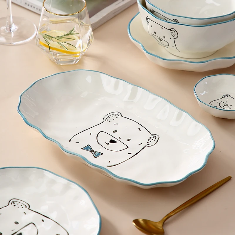 

2021 new design funny baby kitchen animal bear ceramic plates with blue & white