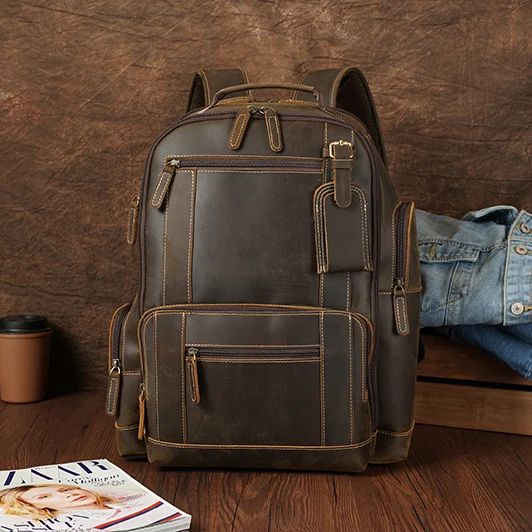 

Hot Sale Customized Full Grain Crazy Horse Genuine Leather Cow Backpack Bag Men Vintage 15.6 inches Laptop Backpack