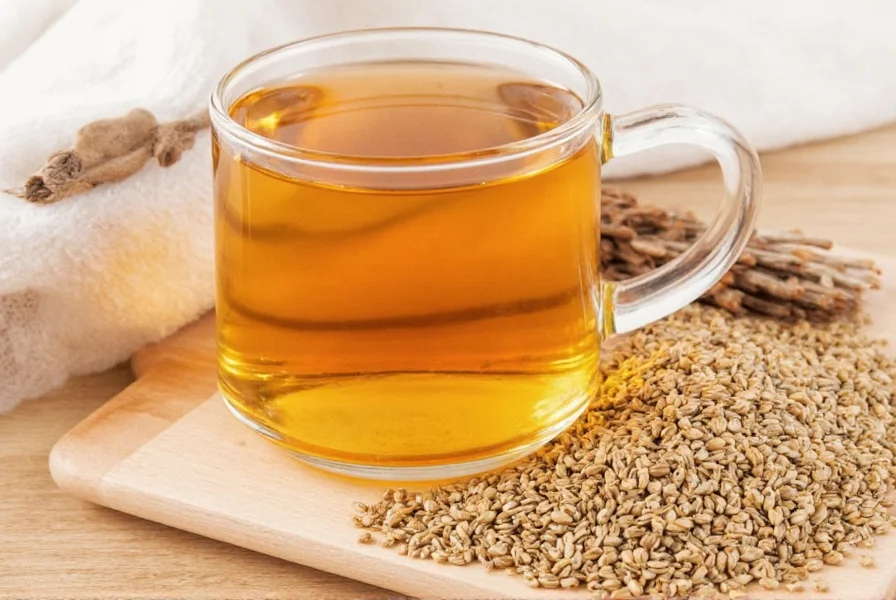 Close-up of golden fenugreek seeds steeping in clear glass teapot with steam rising