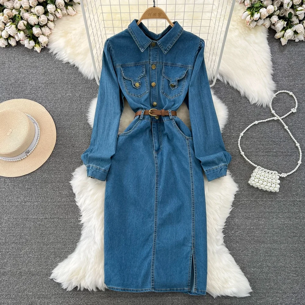 

2023 Spring Autumn Korean Version Long Sleeve Lapel Medium Long A-Word Slit Shirt Denim Dress Woman