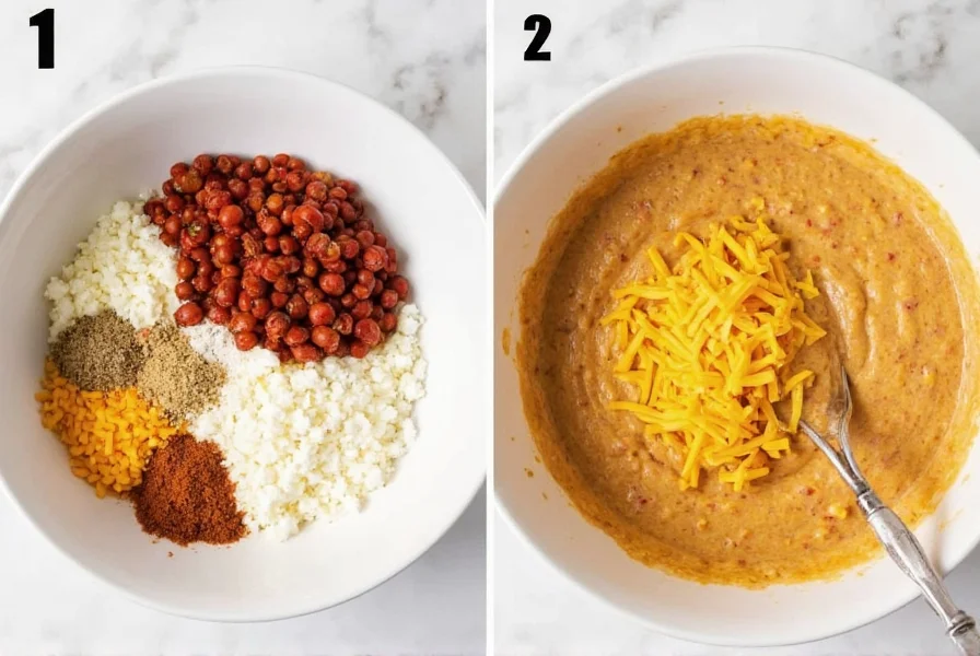 Step-by-step preparation of homemade cream cheese chili and cheese dip showing ingredients mixing in bowl before baking