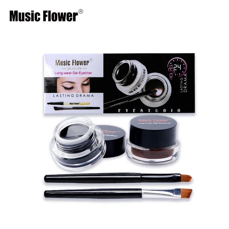 

Music Flower Brown + Black 2 In 1 Eyeliner Gel Waterproof Make Up Thick Matte Eye Liner Cream Long-lasting With 2 Makeup Brushes, Black+brown