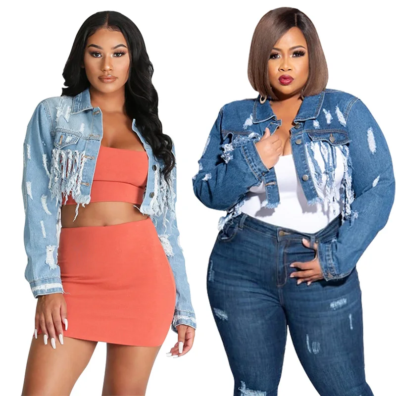 

Wholesale women's long sleeve denim jackets broken hole washed tassel backless navel sexy short plus size jean jacket, 2colors