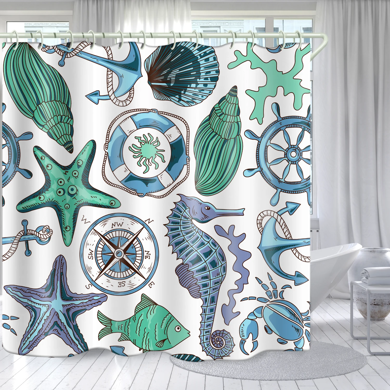 

Ocean element theme waterproof shower curtain plus lining bathroom curtains can be customized printing shower curtain, Picture