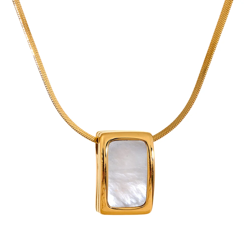 

JINYOU 1402 Natural Shell Square Thicker Pendant Stainless Steel Fashion Necklace High Quality Golden Chain Jewelry Men Women