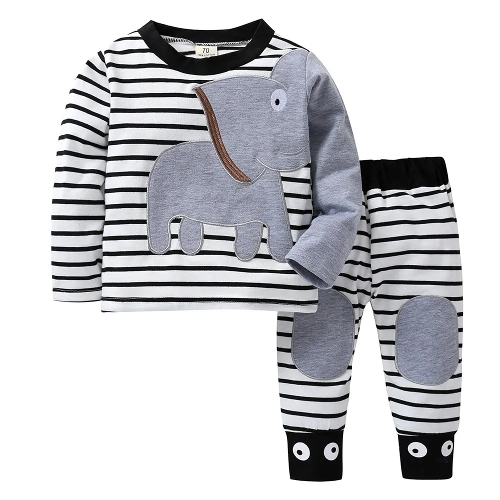 

Newborn Baby Boys Girls Clothes Set Elephant Striped Print T-Shirt Tops Children Kids Casaul Clothes vetement garcon