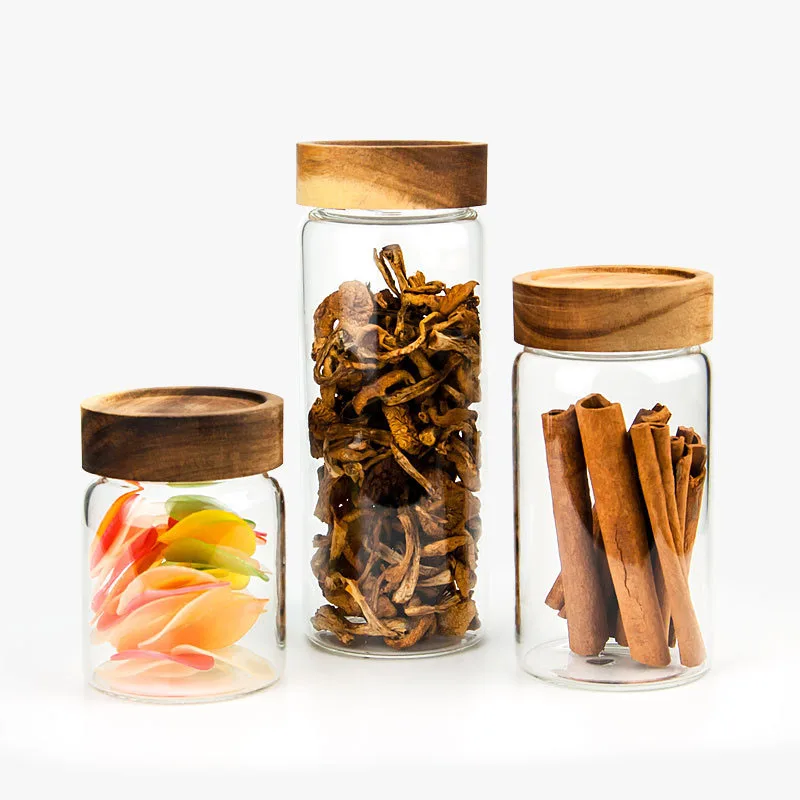 

cylinder shape Airtight High Borosilicate Glass Storage Containers Jars with screwed Acacia Wood Lid, High transparency