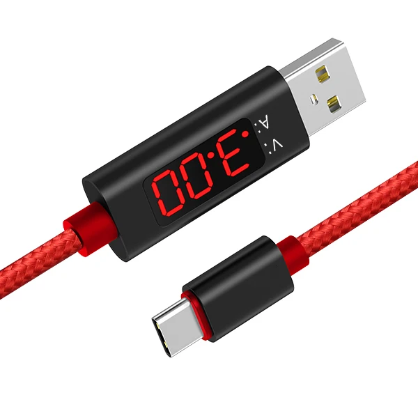 

Custom Logo AC27 1M 3A Fast Charging LED Current Display Nylon Braided Micro USB Type C Cable, Black/red