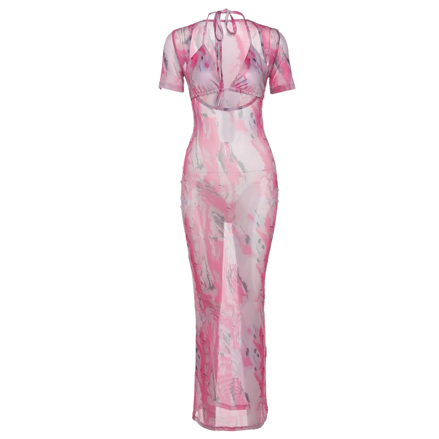 

Print See Through Halter Bikini Top Casual Dresses Two Piece Set Women Clothing, Pink/yellow