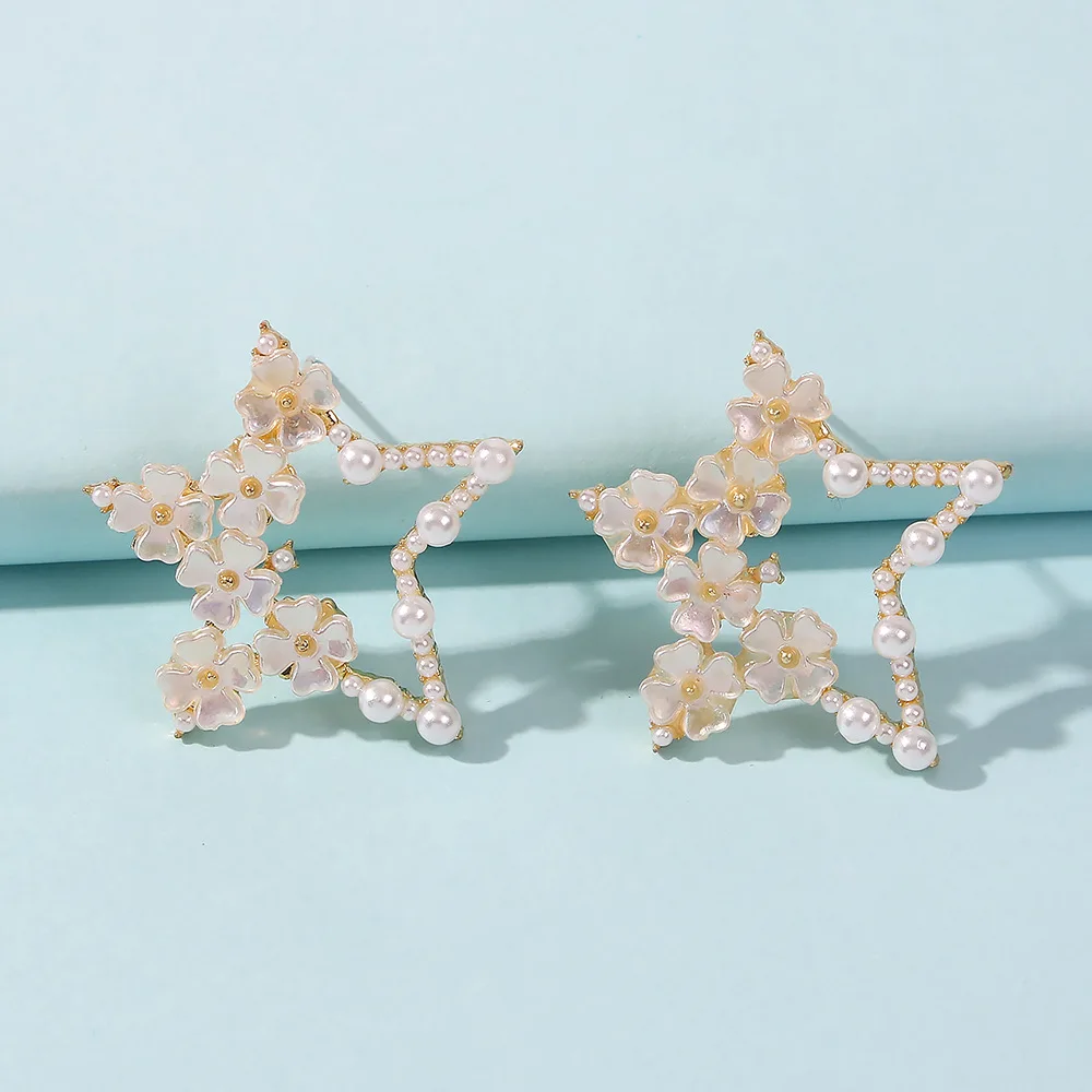

Wholesale Price Simple Alloy Pearl Earrings Real Gold Plated Star Earring Flower Stud Earrings