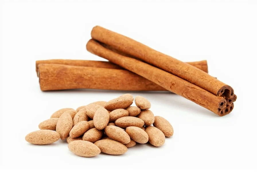 Ceylon cinnamon tablets next to measuring spoon showing standard 500mg dosage