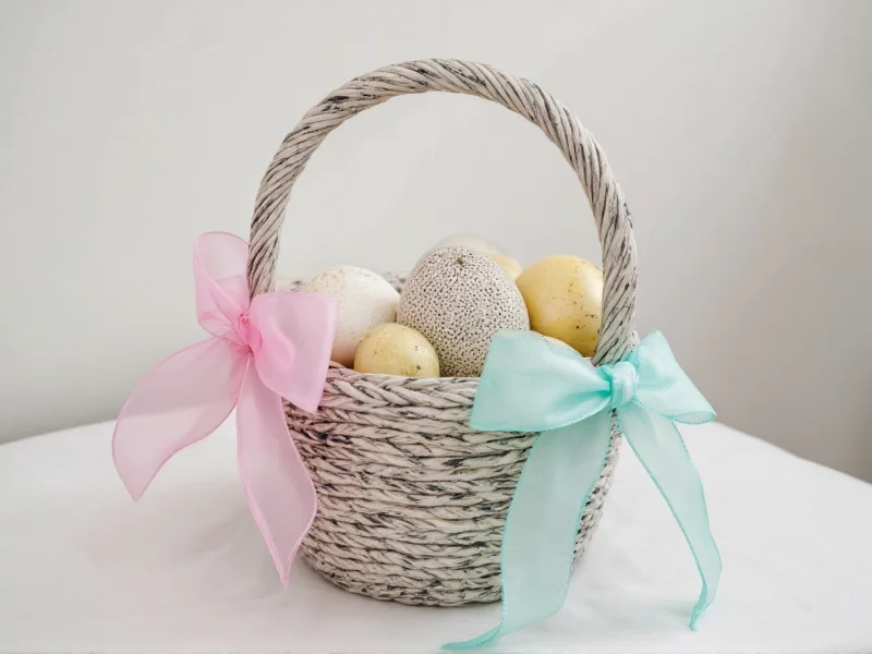 Newspaper rope Easter basket with pastel ribbons