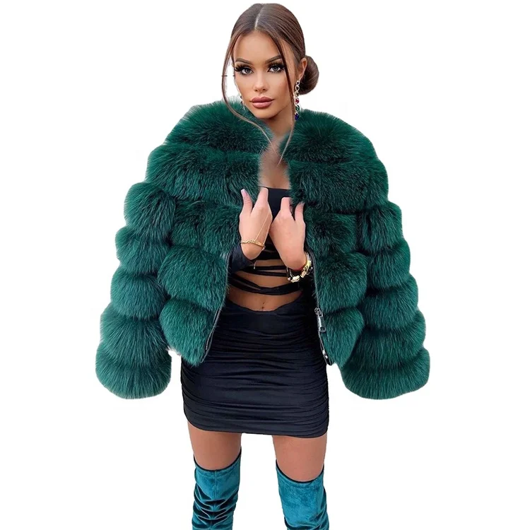 

Winter Fashion Luxury Women Fur Bubble Jacket Cropped Green Real Fox Fur Coat for Ladies, Customized color