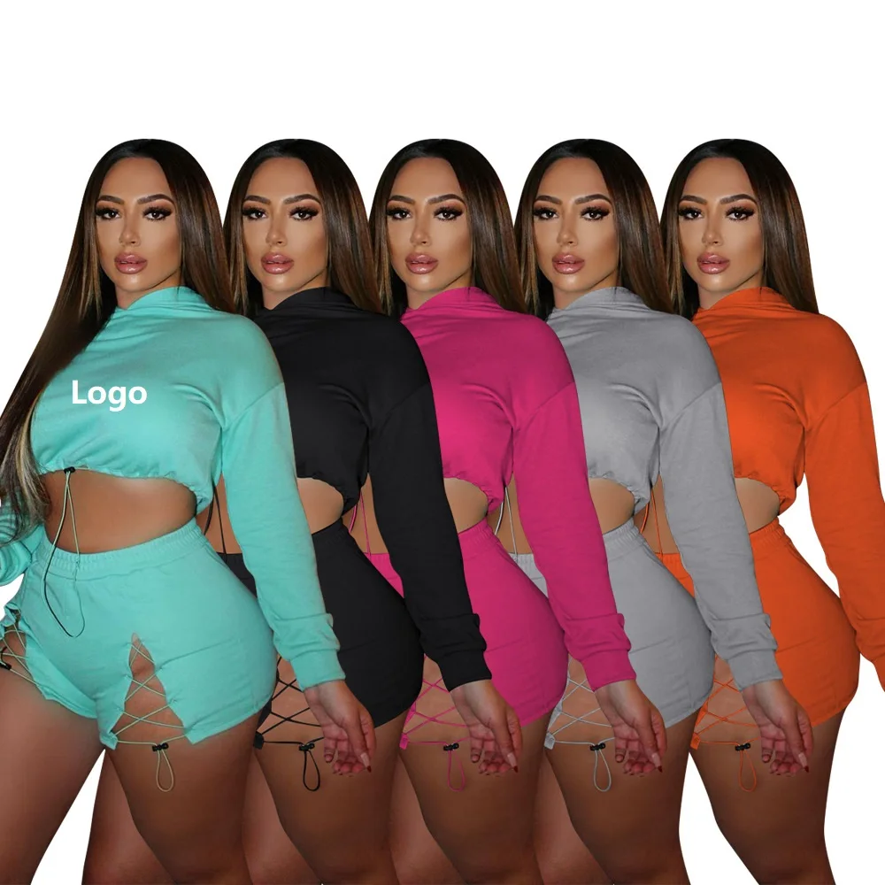 

YD - YF8275 Trending fashion women 2 piece shorts and hoodie set solid color lace up crop top with long sleeve shorts set