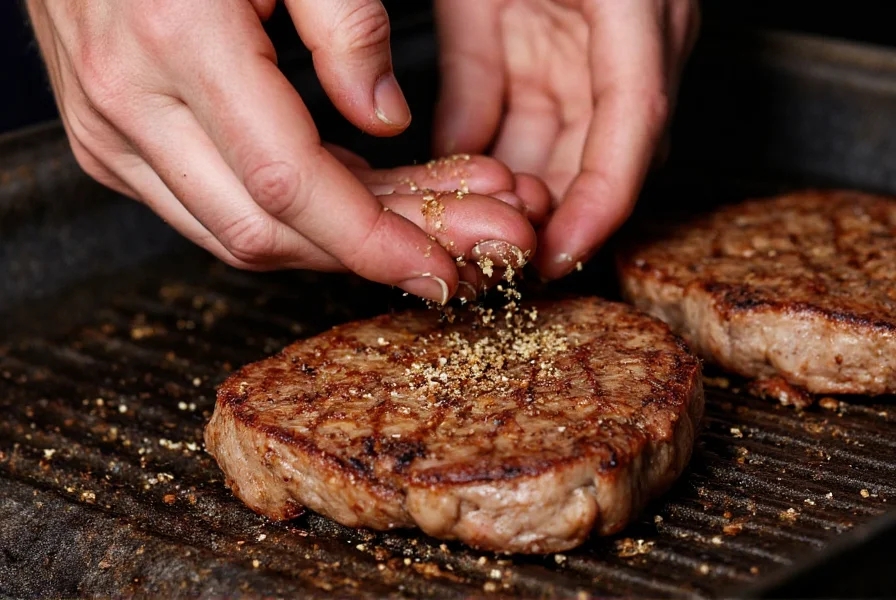 Chef's hands seasoning grilled steak with homemade pepper salt blend