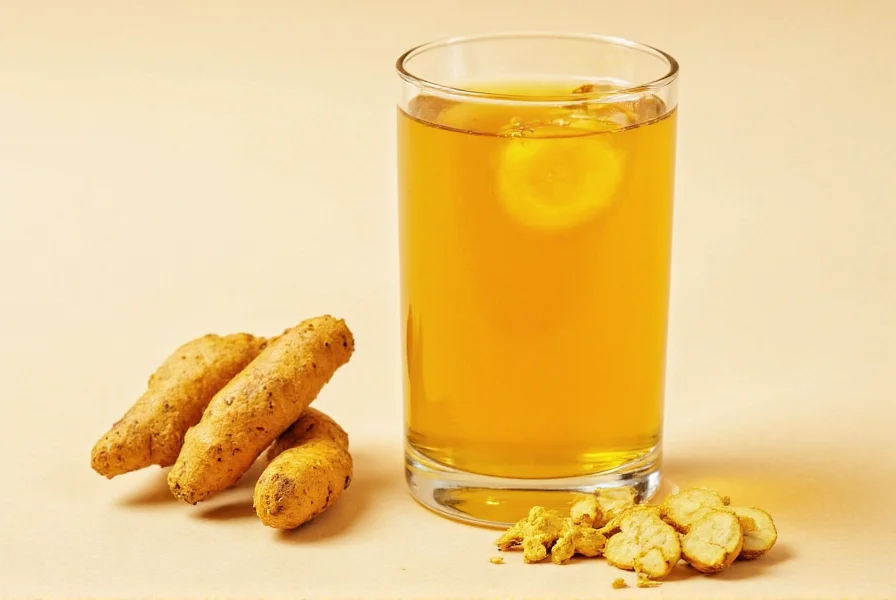 Glass containing golden-colored ginger turmeric shot next to fresh ingredients