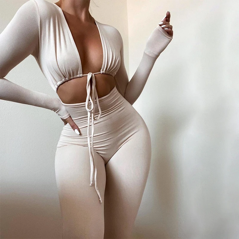 

Lagerfe 2021 Fall Hollow Out Lace Up V Neck Long Sleeve Jumpsuit Trousers Women Winter One Piece Fashion New Clothes Ladies Wear