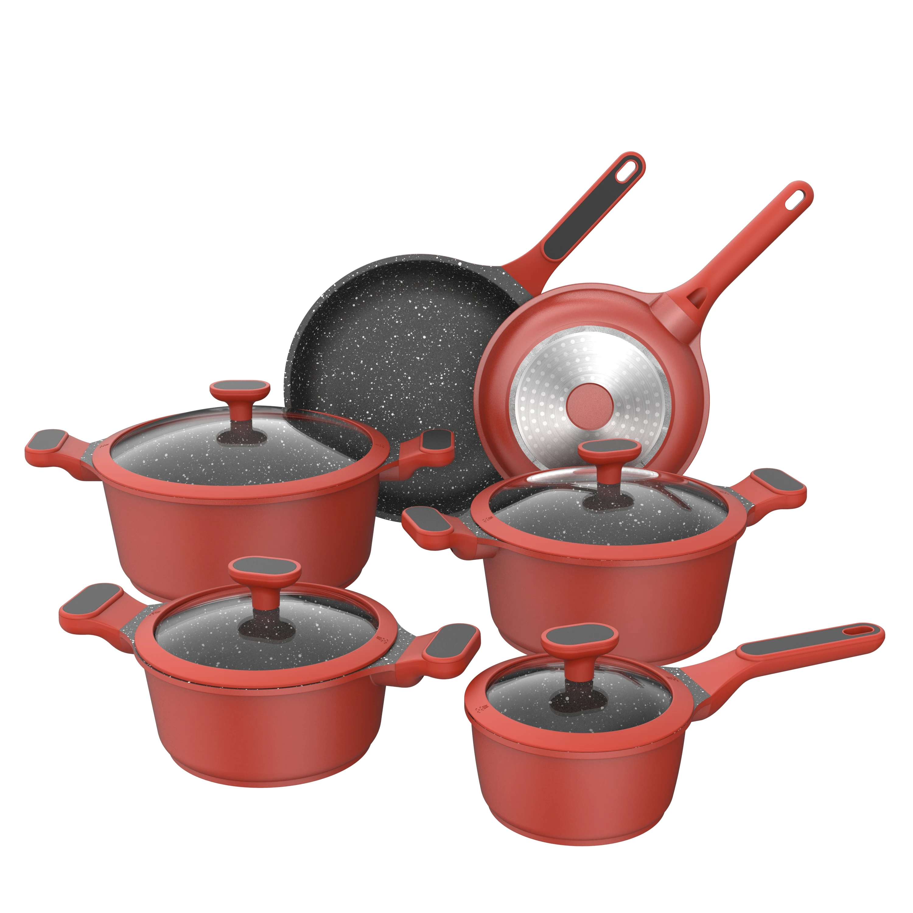 

BESCO Stock Escalation Series 10pcs 2021 New Aluminum Cookware Nonstick Marble Coating Cast Aluminum Cookware Sets with Lid Red