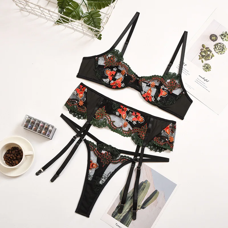 

Floral Lace Lingerie 3 Piece Set Sexy Underwear Women Bra and Panties Sets Bra Lingeries Feminina, Customized