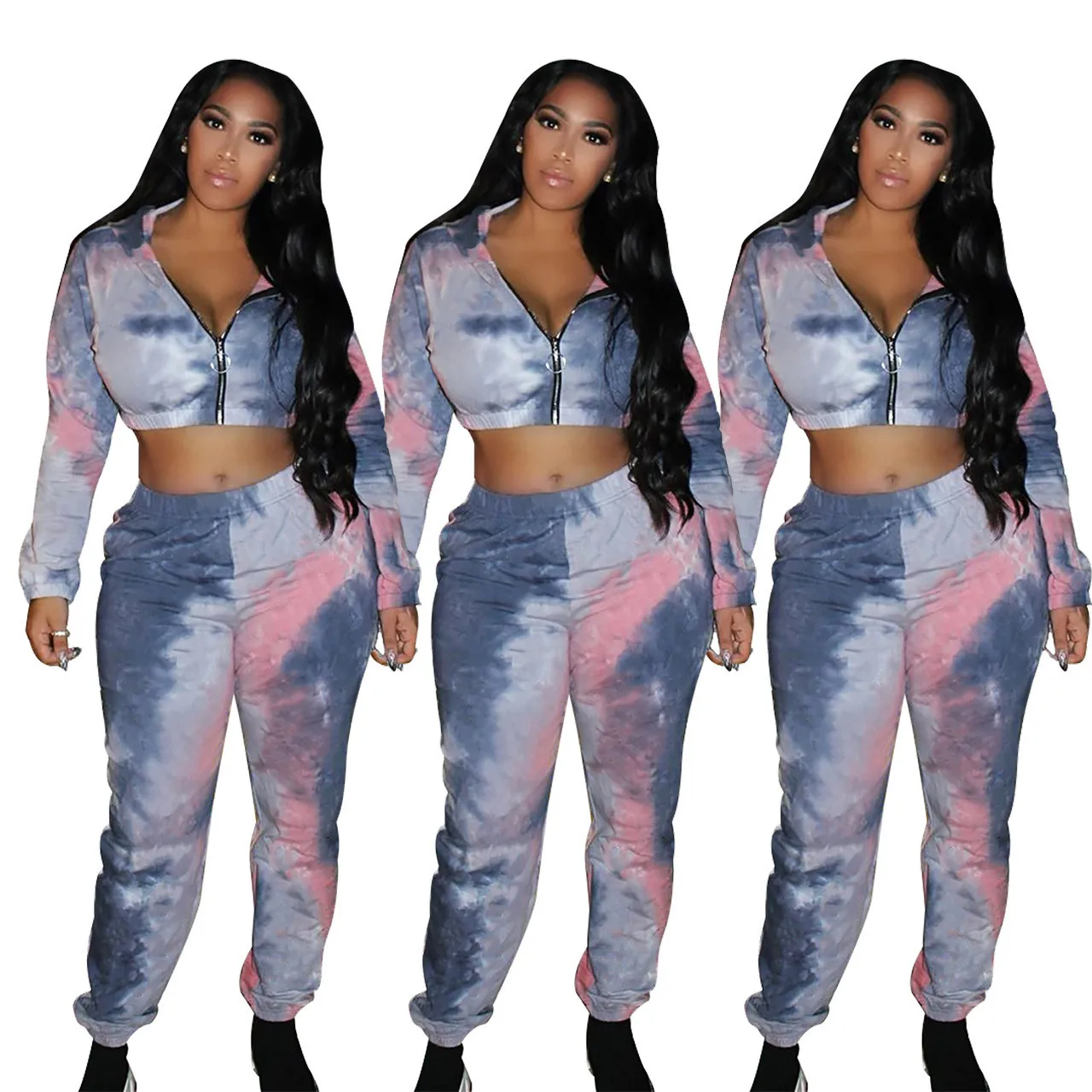 

fashionable digital print long sleeve zipper v neck jacket two-piece romper set casual sexy jogger pants FM-Q396, As pictures