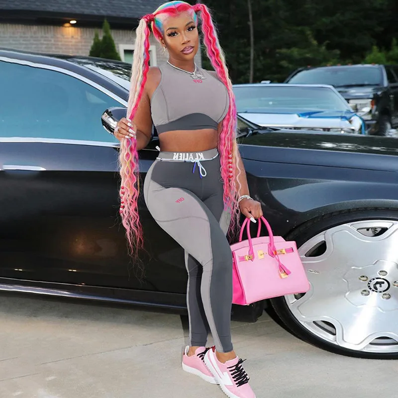 

s0100c Letter Print Casual Sporty Female Tracksuits Sleeveless Workout Active Wear 2 Piece Outfits Fitness Tank Top, Black