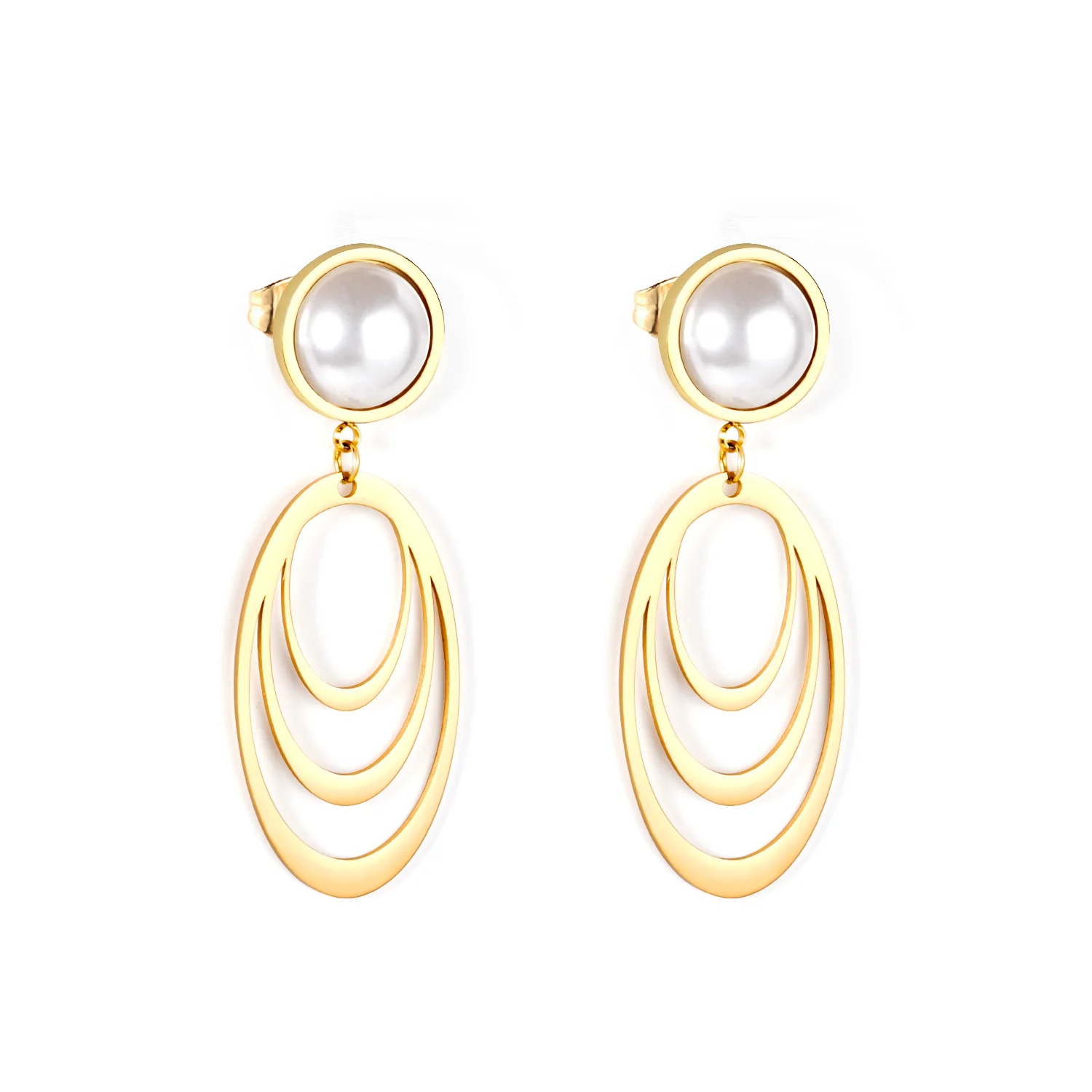 

Hot Selling Korean Jewelry Natural Pearl Multi-circle Gold Stainless Steel Women Drop Earrings For Lady, Gold/silver available