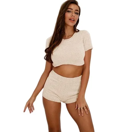 

2021 Wholesale Custom Cable KnItwear Sweater ODM OEM Knitwear Chenille Short Sleeve 2 Piece Set For Women Clothing, As picture or odm oen